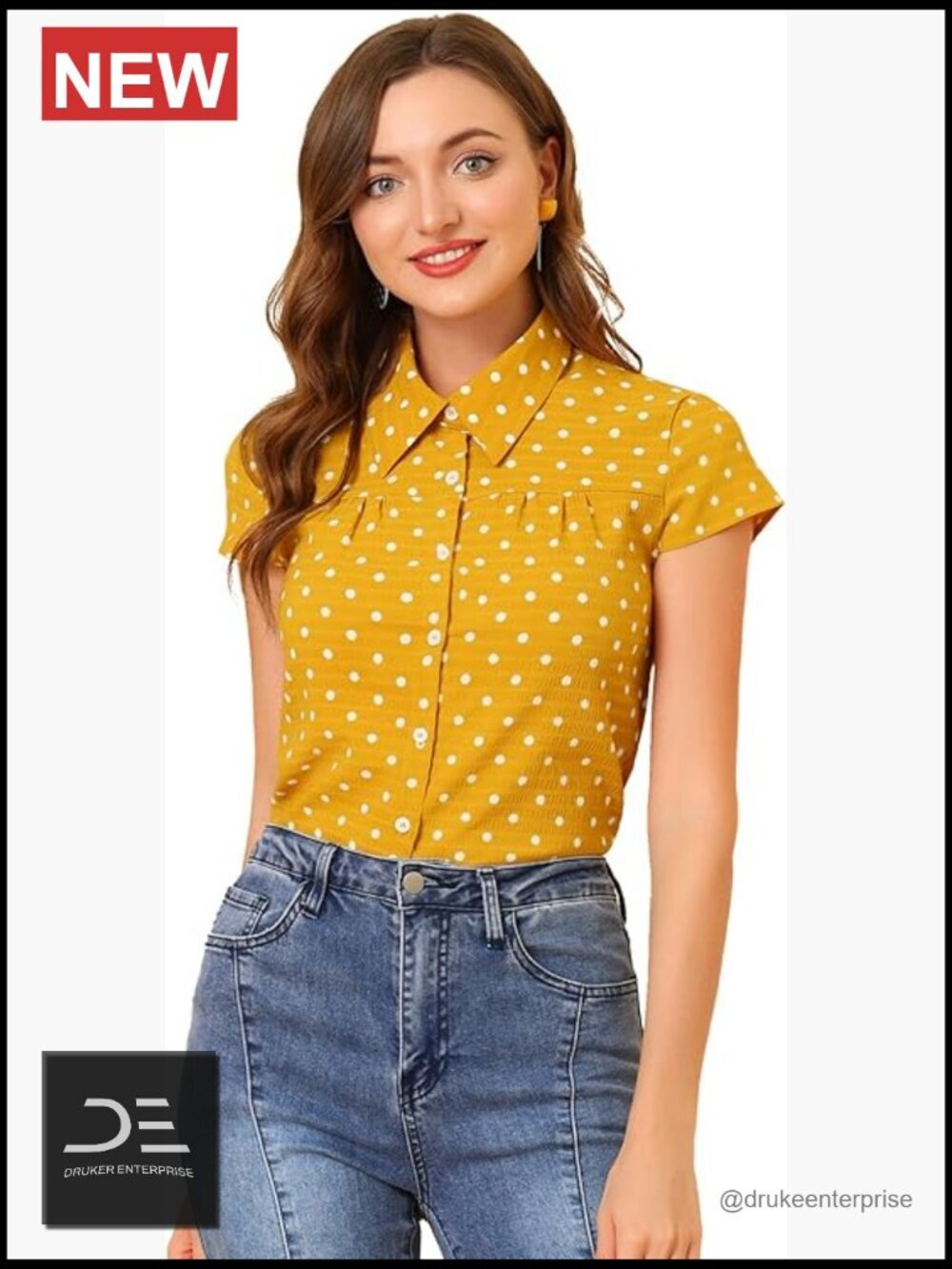 Vintage Polka Dots Short Sleeve Button Up Blouse Top
